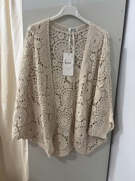Örme dantel hırka mandala desen Bej