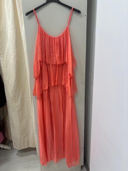 ÜSTÜ FIRFIRLI ETEGİ DÜZ İPEK ELBİSE RETRO TURUNCU
