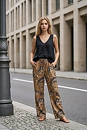DESENLİ KETEN PANTALON  BORU PAÇA