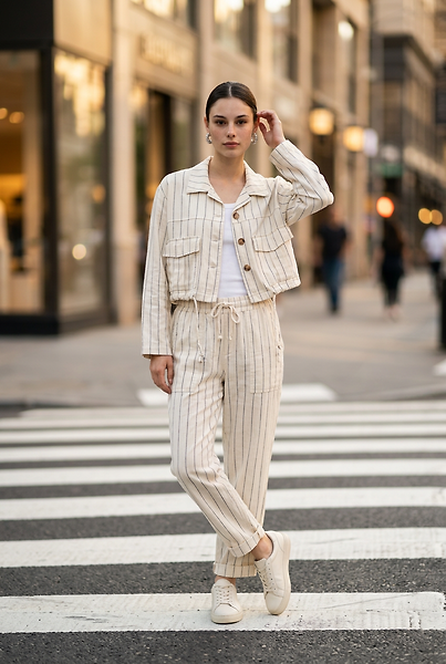 ÇİZGİLİ PANTALON CEKET TAKIM KOTON KREM